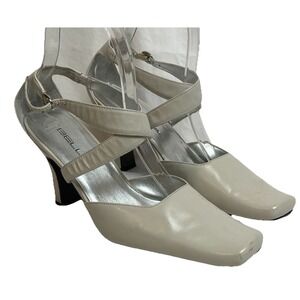 BELLINI Square Toe Slingback Heels Sz 7.5M Cream Leather Adjustable Strap Formal